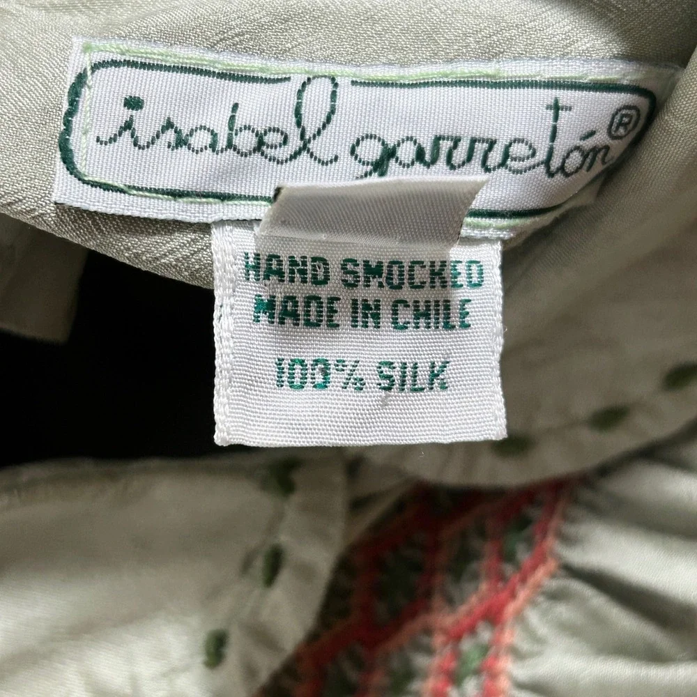 VTG Isabel Garretón Hand Smocked 100% Silk Dress 3 Sea Foam Sage Green Heirloom